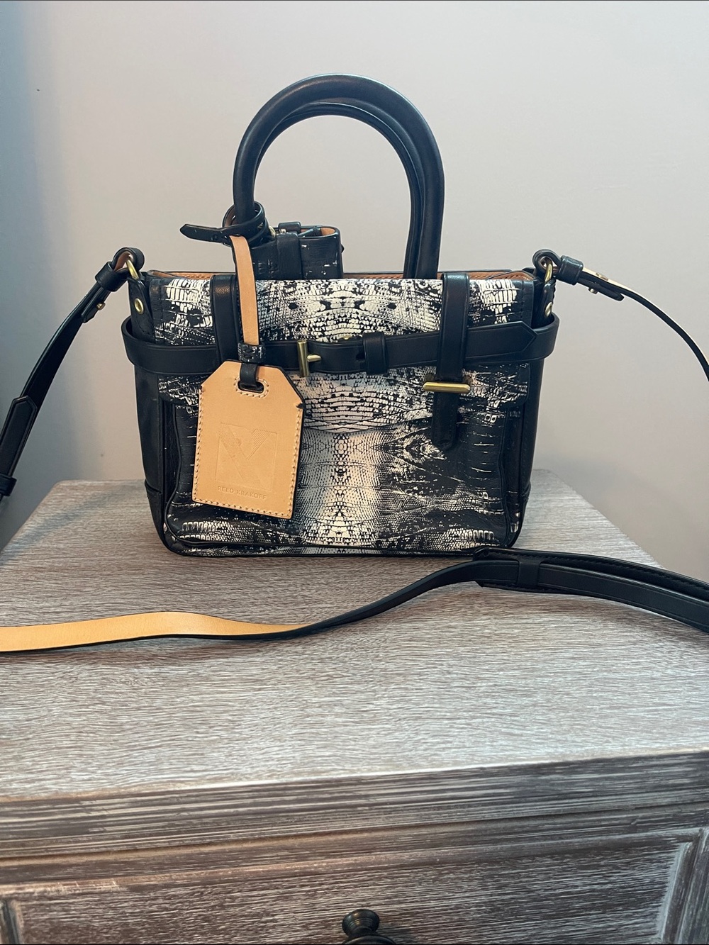 Reed Krakoff Black & White Textured Satchel with Tan Tag